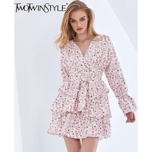 TWOTWINSTYLE Backless Bowknot Print Dress For Women V Neck Long Sleeve High Waist Patchwork Ruffle Dresses Female Fashion 2021