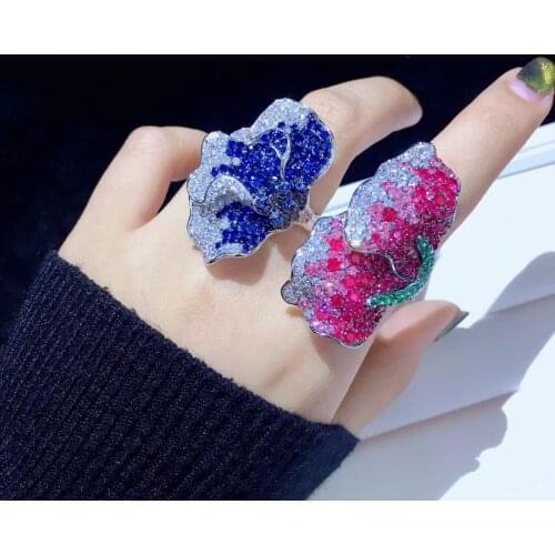 Cocktail 925 sterling silver with cubic zircon flower ring adjustable size blue rose red color fine women jewelry