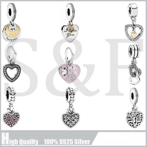 100% Real 925 Sterling Silver Charm Clear CZ Double Heart Pendants Beads Fit Original Pandora Charms Bracelets making