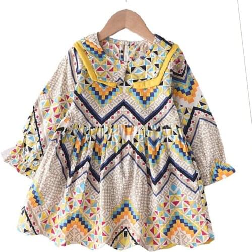 2021 New Spring Autumn Girl Geometric Pattern Dress Kids Baby Retro Party Costumes Children Suit Girls Casual Sweet Dresses