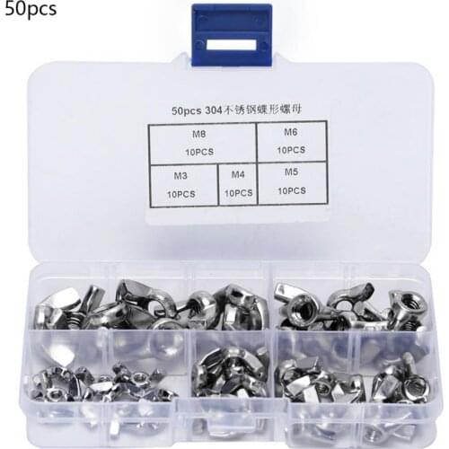 50 Pcs Butterfly Nut Stainless Steel Wing Nut Hand Tighten M3 M4 M5 M6 M8 Fastener Kit Fasterners Tool Set with Box