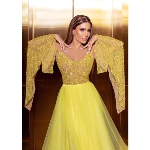 Sparkly Yellow Tulle Prom Dresses With Wrap Sleeve Beading Sequins Off The Shoulder Evening Dress Formal Party Wear Reception