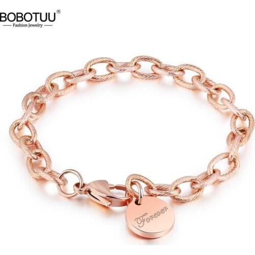 BOBOTUU Trendy Rugged Twist Round Tag LOVE Rose Gold Color Bracelets Stainless Steel Personality Chain & Link Bracelets BB18193