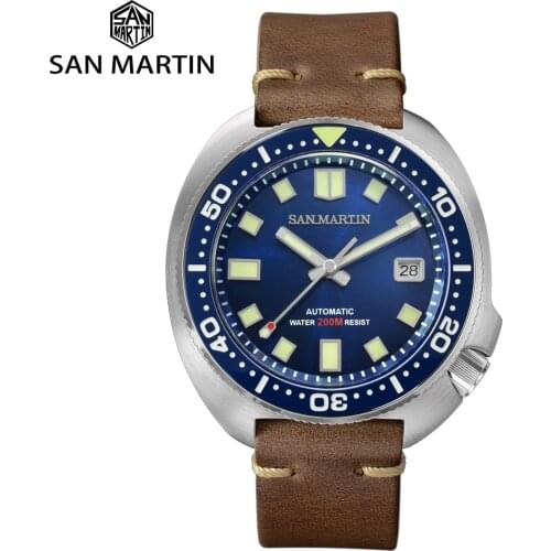 San Martin Upgraded Version Turtle Diver Watch 200M Stainless Steel Automatic Mechanical Sapphire Horween Leather Luminous