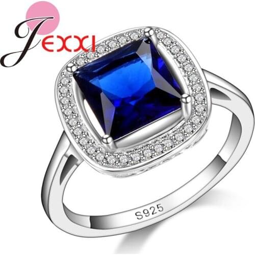 Elegant Simpel Design 925 Sterling Silver Cubic Zirconia Blue Square Ring for Women Girl Best Gifts Anillo Bijoux