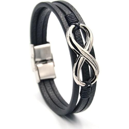 Junwei Fashion Mens Alloy Wireless Symbol Leather Bracelet Stainless Steel Release Buckle Bracelet Multi-Layer Bracelet Jewelry