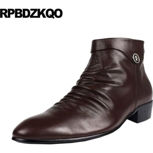 Genuine leather mens zipper dress boots formal booties party warm winter brown 2019 full grain shoes black pointed toe short