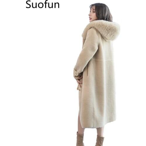 Suofun Long Office Lady Fashion New Women Sheep Shearing Fur Medium Long Fox Hair Hooded Fur Coat Female Wool Winter Warm Coats