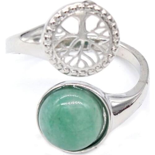 Trendy-beads Silver Plated Tree of Life Resizable Round Cabochon Natural Green Aventurine Engagement Ring