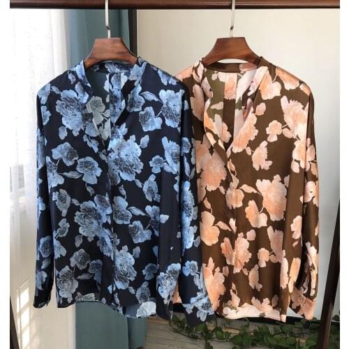 High Quality Elfbop Ladies Silk Long Sleeve Stand Neckline Floral Printed Blouse Shirt Top