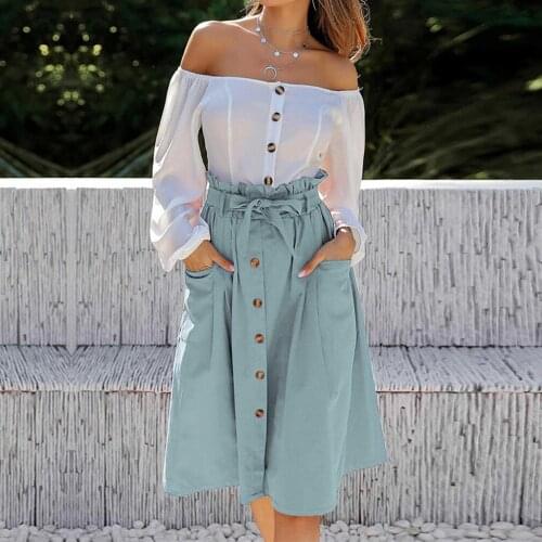 CRRIFLZ Summer Autumn Skirts Womens Midi Knee Length Korean Elegant Button High Waist Skirt Female Pleated School Skirt