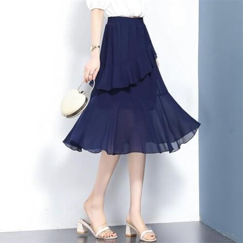 2020 Women High Street Summer Chiffon Skirts Solid Office Ruffles Empire Trumpet Skirts Plus Size Party Skirts M-7XL