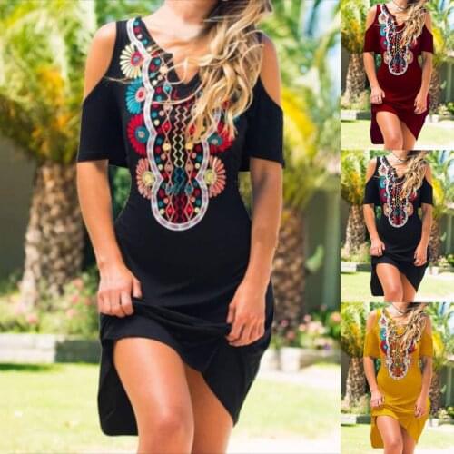 Lady Casual Dress with Short Sleeve V-Neck Dew shoulder Folk Flowers Print Loose Bohemian Beach Style Midi Dresses Vestidos