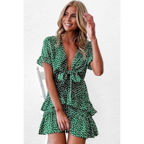 Women boho dress Polka Dot Mini Dress Knot V-Neck Party Beach Dresses Sundress roupa feminina women clothes
