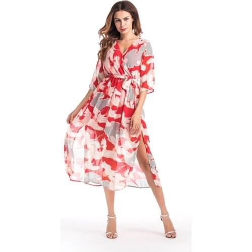 Artfeel 2018 New Print Bohemia Holiday Style dress Women Boho Longuette Slim Spring Beach Tie Chiffon laddy Braces dress
