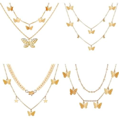 Vintage Boho Fashion 6 Style Gold Hollow Butterfly Pendant Multilevel Geometric Necklaces For Women Gold Necklace Jewelry Gift