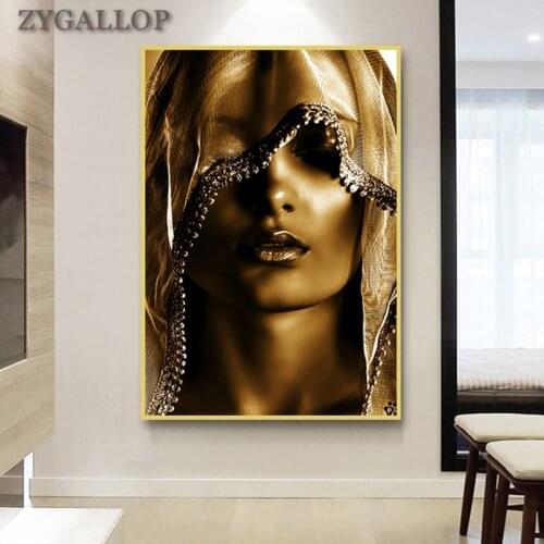 Golden Woman Under Turban Oil Painting Gold Canvas Posters and Prints Luxury Wall Art Pictures for Living Room quadro decorativo