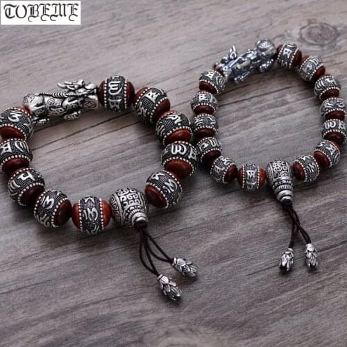 990 Silver Tibetan Mala Bracelet Buddhist OM Mantra Beads Bracelet Wealth Pixiu Good Luck Bracelet Sandalwood Real Silver