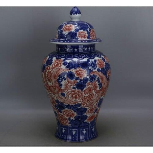 Antique Chinese blue and white Underglaze Red Ceramic Large Ginger Jar red and phoenix wear all flowers Pattern Porcelain Vase
