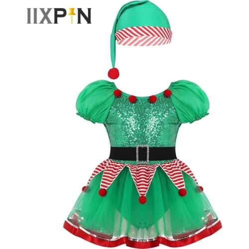Girls Christmas Fairy Spirit Dance Costume Ballet Dress kids Sequined Striped Peplum Mesh Tutu Leotard Dress with Hat Dancewear