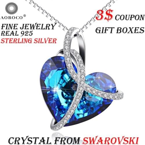 AOBOCO Brand Ribbon Big Blue Heart Pendant Necklaces For Women Girl Crystal From Swarovski Fine Jewelry Popular Love Choker