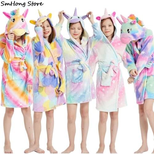 Kigurumi Children Bathrobe Baby Bath Robe Animal Rainbow Unicorn Hooded Bathrobes For Boys Girl Pyjamas Nightgown Kids Sleepwear