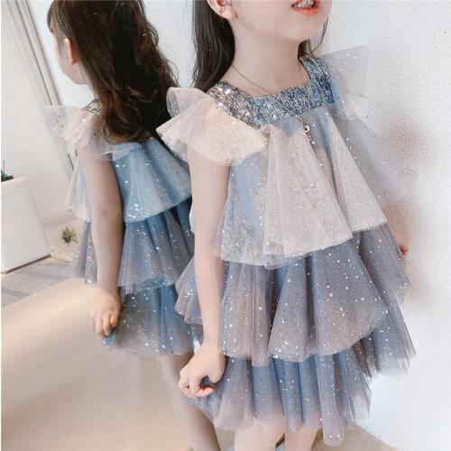 Child Girls Party Dresses 2021 Summer New Sequined Mesh Ruffled Layered Cake Dress Kids Birthday Clothes For Girls 2-7 Years