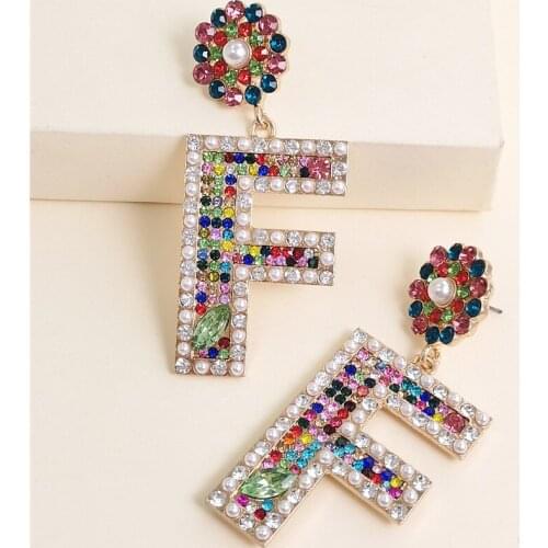 JUJIA Letter Crystal Drop Earrings Women Geometric Pendant Dangle Earrings Indian Bridal Statement Jewelry Party Bijoux