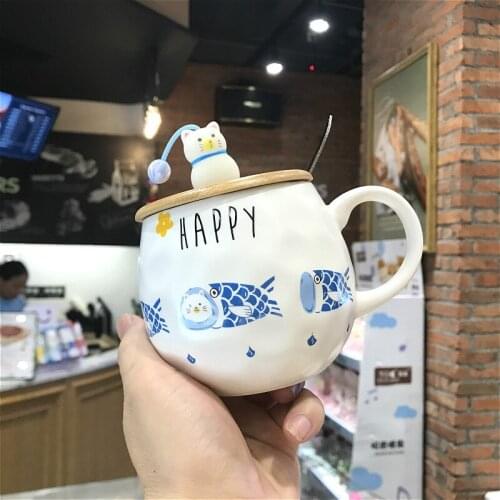 Coffee Cup Apanese Cute Cat Mug with Spoon Creative Personality Ceramics Breakfast Coffee Cup Home Office Water Cup