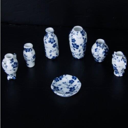 High Quality 1/12 7pcs Dollhouse Miniatures Ceramic China Porcelain Vase Blue Vine Classic Kitchen Toys Birthday Gift for Child