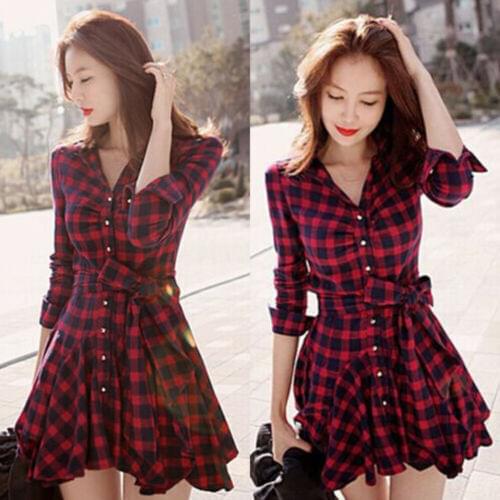Fashion Women Casual Party Loose Vintage Boho Long Sleeve Rose Plaid Evening Party Mini Dress Red