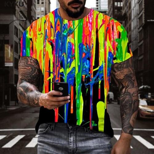 KYKU Brand Pigment T-shirt Men Graffiti Shirt Print Colorful Funny T shirts Rainbow T-shirts 3d Mens Clothing T shirts