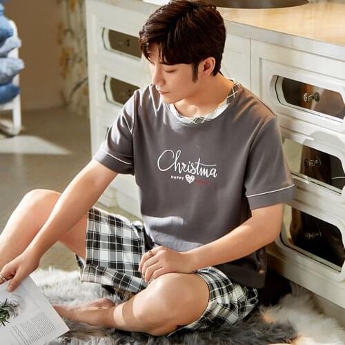 Korean Simplicity Letter Men Pajamas Set Plus Size Cotton Short Sleeve Homewear Casual Gray Plaid Summer Mens Tshirts Sleepwear