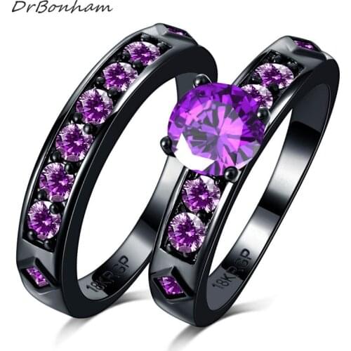 DrBonham bling large purple Cubic Zircon couple Rings Set black Gold filled CZ Wedding alliance For Women men DR1746