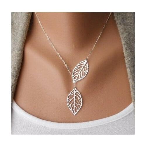 2017 New Gold and Sliver Two Leaf Pendants Necklace Chain Multi Layer Statement Necklaces Woman Gift