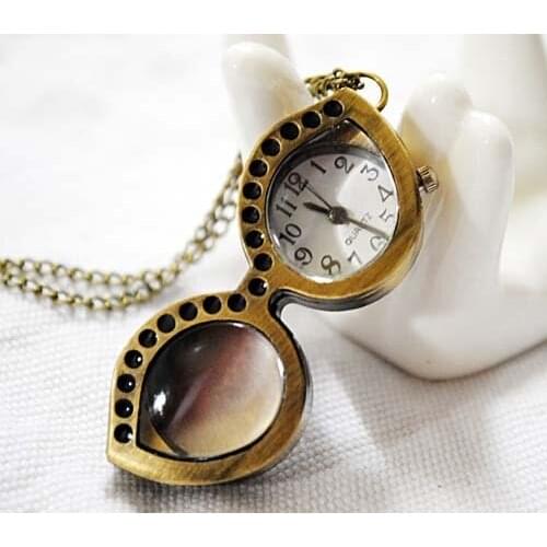 New Style Glasses Pendant Cool Necklace quartz Watch Vintage Bronze Chain Jewelcy Pocket Watch 12pcs/lot Free Shipping