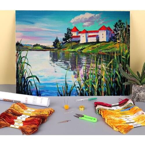 Landscape Svirzh Castle Pre-Printed 11CT Cross Stitch Complete Kit DIY Embroidery DMC Threads Sewing Needlework Needle