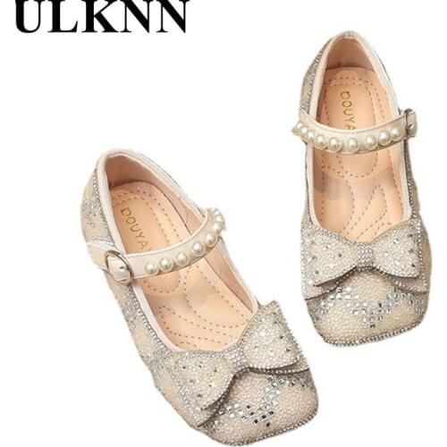 Princess Girls Show Leather Shoes 2021 New Girl Baby Brim Rhinestone Single Shoes Children Non-skid Pink Beads Shoes For Kids