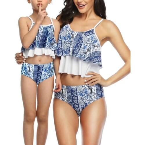 Blue Floral Bikini Sets Family Matching Swimwear Mother and daughter Ruffle Strap Tankini High Waist Swimsuit Parent Kids Bikini