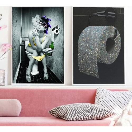 Modern Toilet Sexy Woman Canvas Prints Bar Girl Drinking Bathroom Picture Poster Fashion Black White Roll Paper Painting Decor