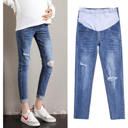 Vintage Hole Denim Jeans Maternity Pants For Pregnant Women Clothes Casual Retro Abdominal Jeans Pregnancy Pants Gravidas Jeans
