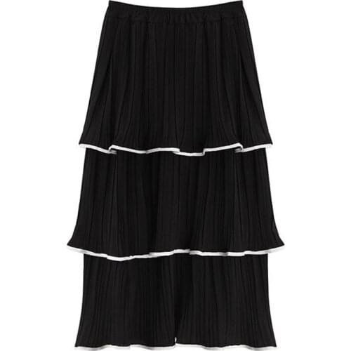 PERHAPS U Black Pink Solid Cascading Ruffle Midi Skirt Casual Empire Ruched Cake Skirt Summer S0233