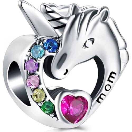 New 925 Sterling Silver Charm Unicorn MOM Color Zircon Heart metal Beads Fit original Pandora charms Bracelets DIY Women Jewelry