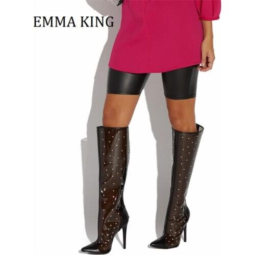 Spring Summer Women Mid Calf Boots Sexy Clear PVC Pointed Toe High Heel Stilettos Back Zipper Brand Design Casual Footwear 35-43