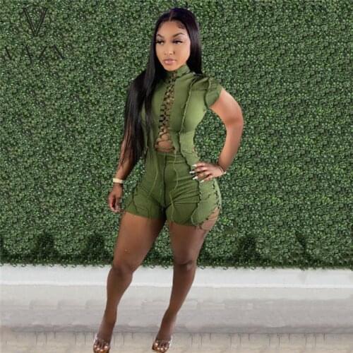 VAZN 2021 New Novelty Cross Bandage Open Solid Playsuits Young Sexy Club Short Sleeve High Waist Women Skinny Playsuits