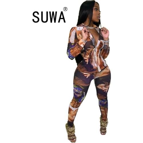 New Arrival Character Printed Office 2 Piece Outfits Women Matching Sets Retro Shirt Blouse Tunic High Waisted Trousers