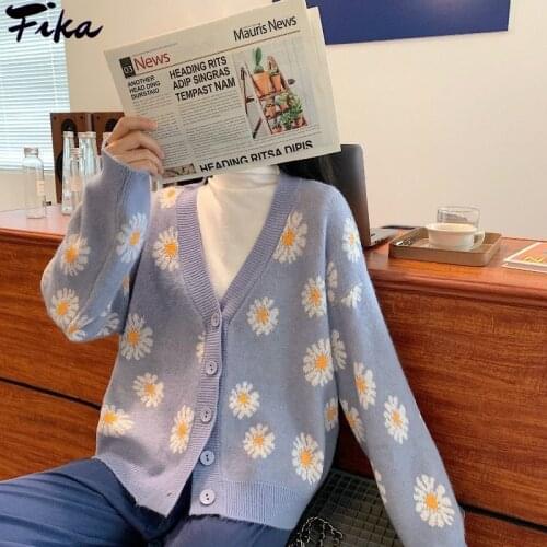 Cardigan Women Sweater Loose Knit Sweaters Coat Casual Fashion Autumn 2021 Floral V neck Cardigan Sweater Long Sleeve