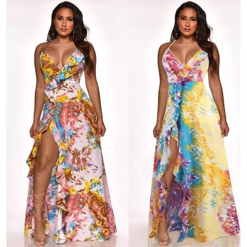 New Women Dress Sling Print Sexy V Neck Side Split Long Dress Summer Fashion Spaghetti Strap Beach Holiday Vestidos Mujer 2021