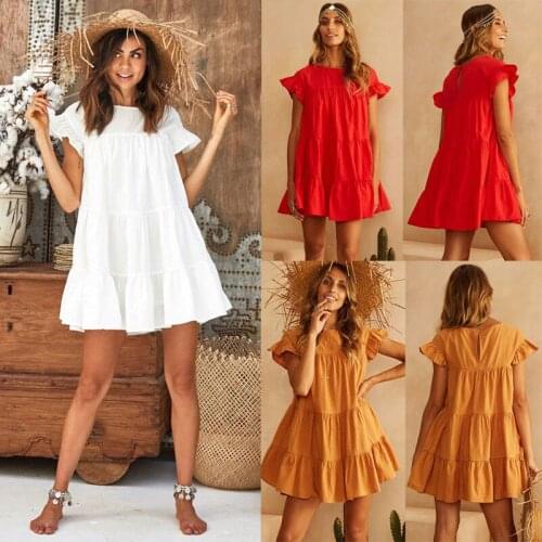 Women Casual Dress, Solid Color Short Ruffle Sleeve Round Neck Back Button Dress, Cake Layered Design Loose Short Summer Dress