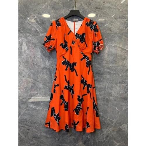 2021 Summer Fashion Silk Dress High Quality Women V-Neck Cute Animal Prints Short Sleeve Mid-Calf Length Casual Orange Red Dress